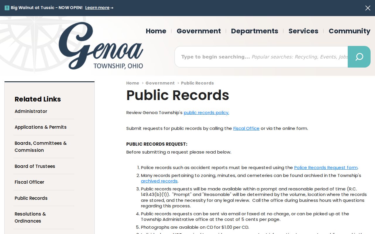 Genoa Township residents directory public records request policy