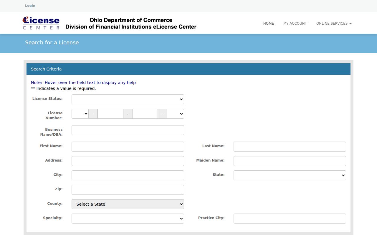 Genoa Township resident lookup using the Ohio eLicense public credential search