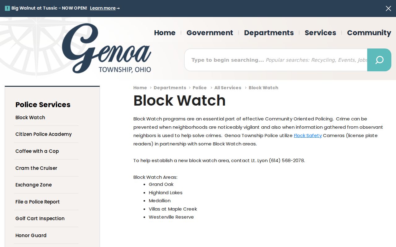 Genoa Township ZIP code directory source for Township Police Block Watch areas